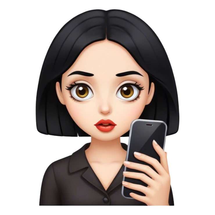 Make a black hair girl with big eyes holding phone and thin eyebrows and big lips  sticker