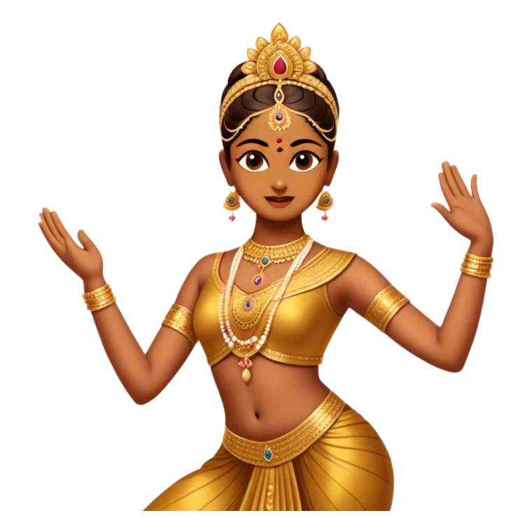 Cinematic Realistic Bharatanatyam Dance Emoji, depicted as an elegant classical Indian dance performance with graceful poses, intricate costumes, and expressive hand gestures, rendered with rich textures and warm dramatic lighting that captures its timeless beauty. sticker