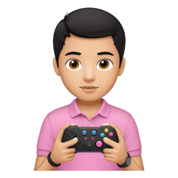 generate a pretty tan bratz boy with a pink polo. Holding a gaming controller in hand. Black hair sticker
