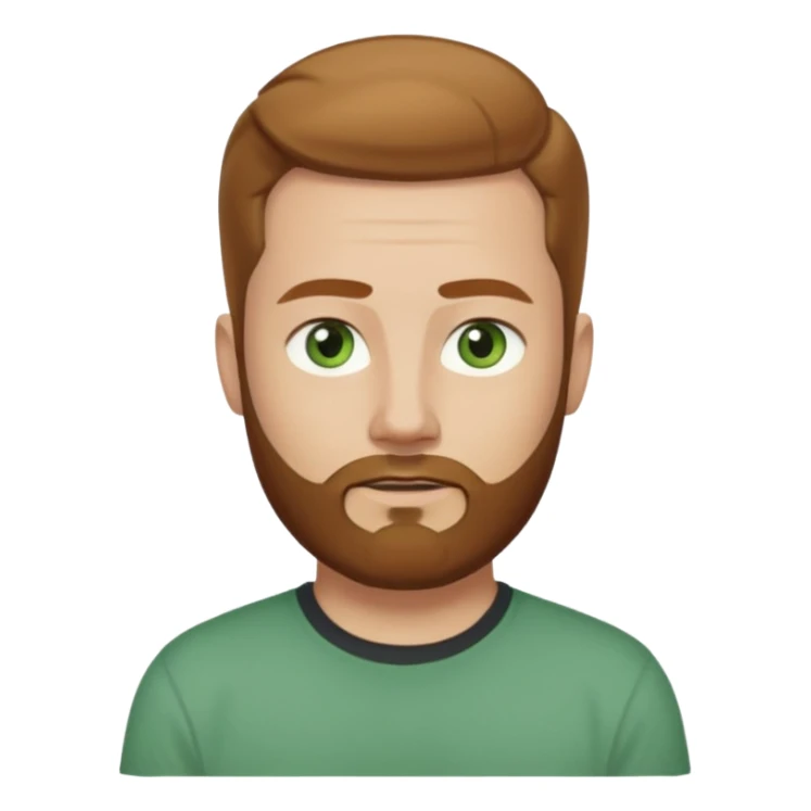 A young man with short light chestnut hair slicked back, a medium-length thick beard, and light green eyes. Fair skin, oval face, neutral expression. Wearing a dark t-shirt, plain light (white or gray) background. Shoulder-up front portrait. sticker