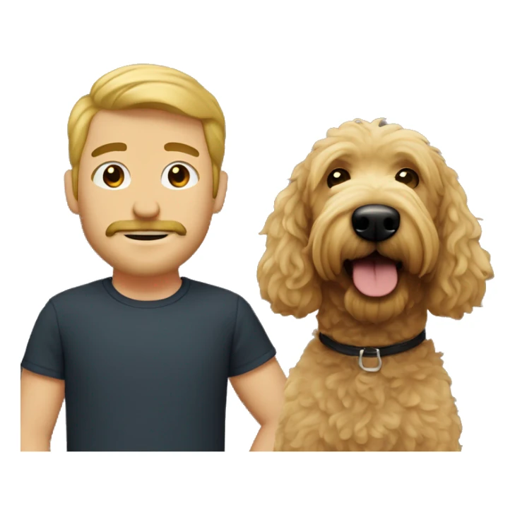 A blonde man, with a goatee and a mustache, with a black goldendoodle sticker