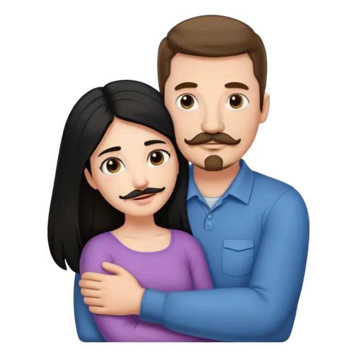 Couple, Tall strong white man with brown hair mustache and goatee, hugging small pale woman long with black hair sticker