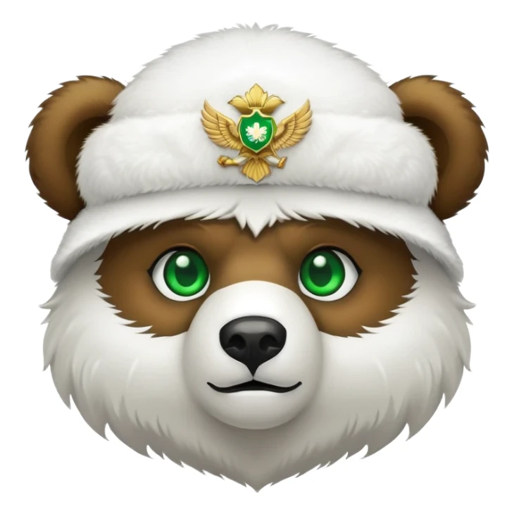 Adorable bear head with bright green eyes, white fluffy ushanka with clean simple Russian double-headed eagle emblem, minimalist iOS emoji style sticker