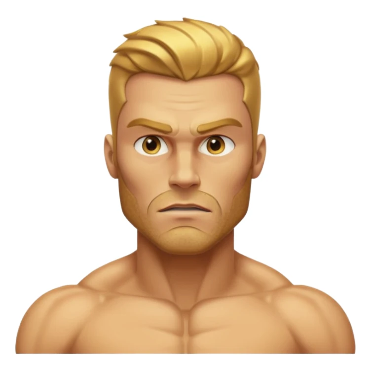 A hyper-realistic, fully golden Gigachad with reflective 24k gold skin, sharp chiseled jaw, golden stubble, blank eyes, and one raised eyebrow. He is shown from the chest up, facing front, with a shiny, muscular physique resembling the Silver Surfer in gold sticker