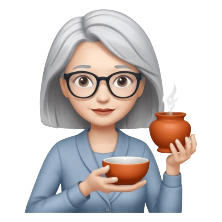Woman with grey hair with ceramics sticker