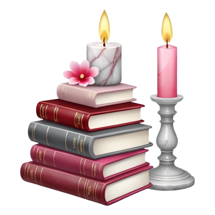 Aesthetic candles, flower petals, books, marble stand, crystal stones sticker