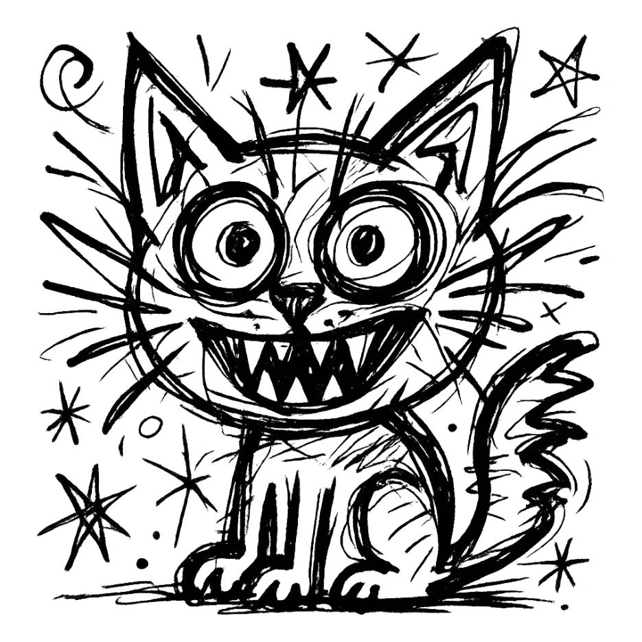 chaotic outlined icon of a cat with exaggerated, wild features sticker
