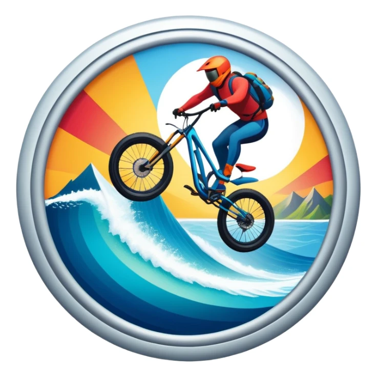 A bold, dynamic emblem combining elements of extreme sports like a mountain, a bike, surfing, ocean and a parachute, all within a circular or shield-like shape. The design conveys speed, adventure, with sharp lines and vibrant colors representing the thrill and intensity of extreme sports. sticker