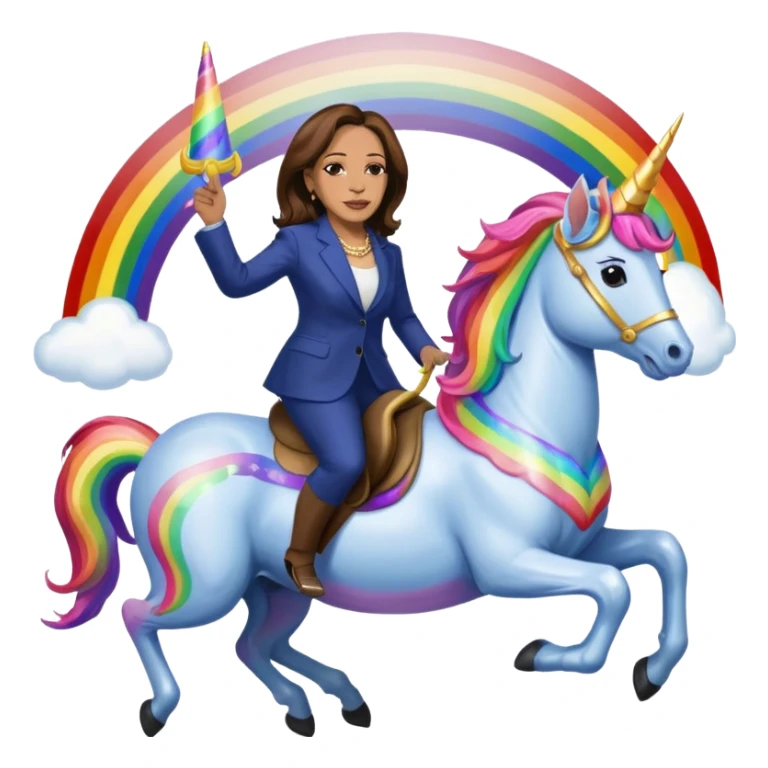 Kamala Harris and donald trump riding a rainbow unicorn sticker