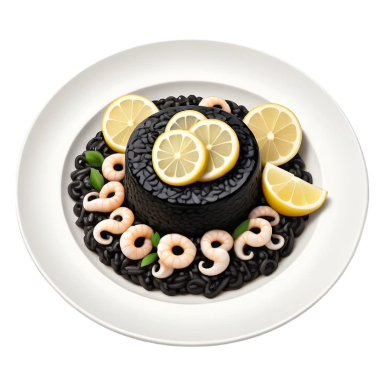 cinematic-realistic-black-risotto-dish,-showcasing-small squid pieces-rendered-with-bold-textures-and-dynamic,-dramatic-lighting in a white plate with a grilled lemon on top sticker