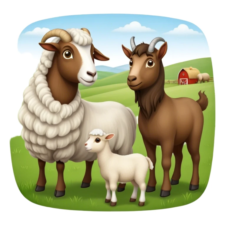 Icon for Domestic Hooved Animals: A gentle collage featuring a brown goat with large, curious eyes, a calm sheep with soft wool, and a majestic horse with a flowing mane. Background with a green pasture and a few hay bales. Transparent background. sticker