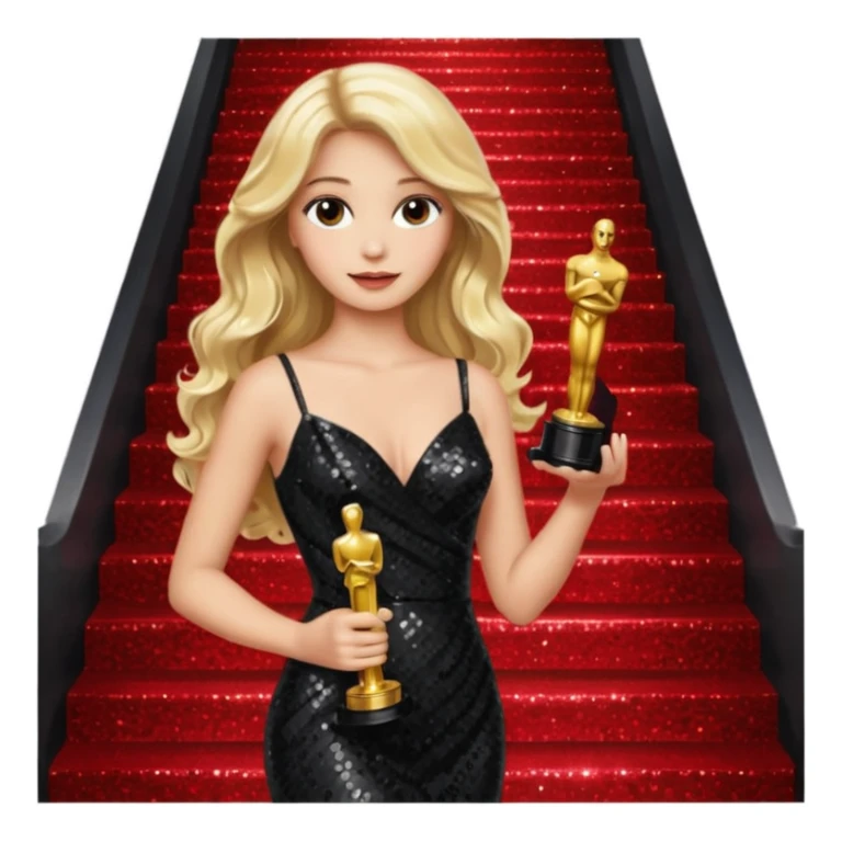blonde model, brown eyes, long wavy hair, oscars red carpet, black sequin, holding oscar, sparkly red staircase  sticker