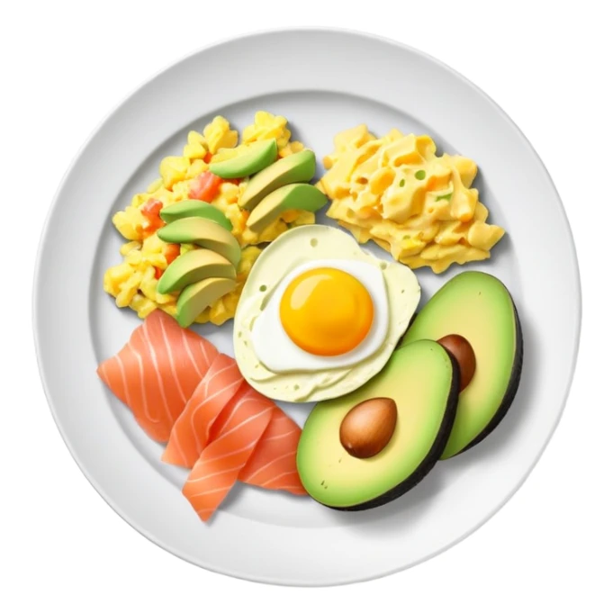 Breakfast plate with sliced avocado, scrambled-eggs and smoked salmon sticker