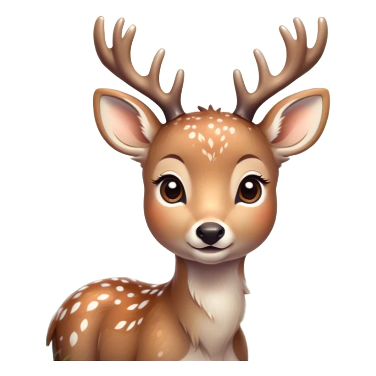 Cinematic Cute Deer Portrait Emoji, Head tilted playfully and inquisitively, showcasing a delicate Fur speckled with subtle white spots and gentle earth tones, round, sparkling eyes filled with curious wonder, Simplified yet irresistibly adorable features, highly detailed, glowing with a warm, friendly glow, high shine, affectionate and graceful, stylized with a touch of woodland whimsy, bright and endearing, soft glowing outline, capturing the essence of a mischievous yet loving fawn, so playful it feels like it could skip out of the screen into your arms! sticker