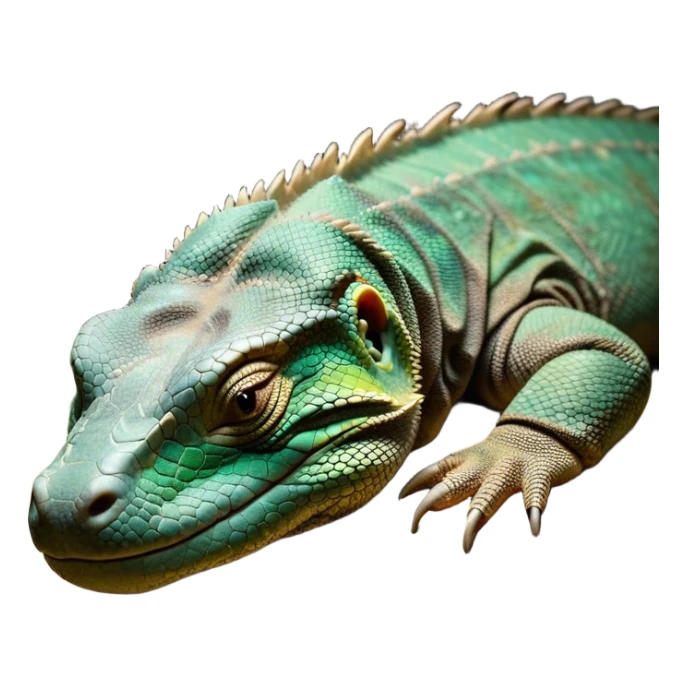 Meme-Worthy cute Sleeping Komodo Dragon Lizard Portrait Emoji, Head resting peacefully with a contented smile, showcasing a rugged, textured form and eyes gently closed in serene slumber, Simplified yet comically adorable features, highly detailed, glowing with a soft, drowsy glow, high shine, relaxed and utterly lovable, stylized with an air of playful laziness, bright and heartwarming, soft glowing outline, capturing the essence of a sleeping ancient guardian that feels destined to become the next viral icon of adorable rest! sticker