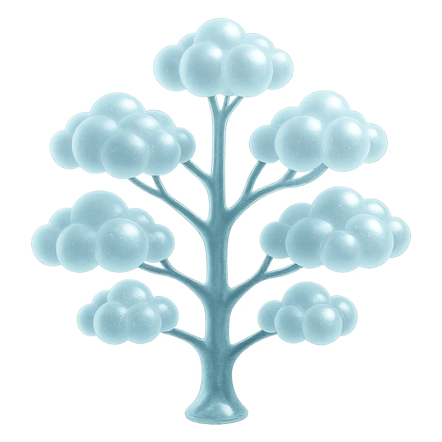 one tree with many branches, each branch covered with small, very bright white, saturated color, fluffy convex clouds, matte glass style sticker