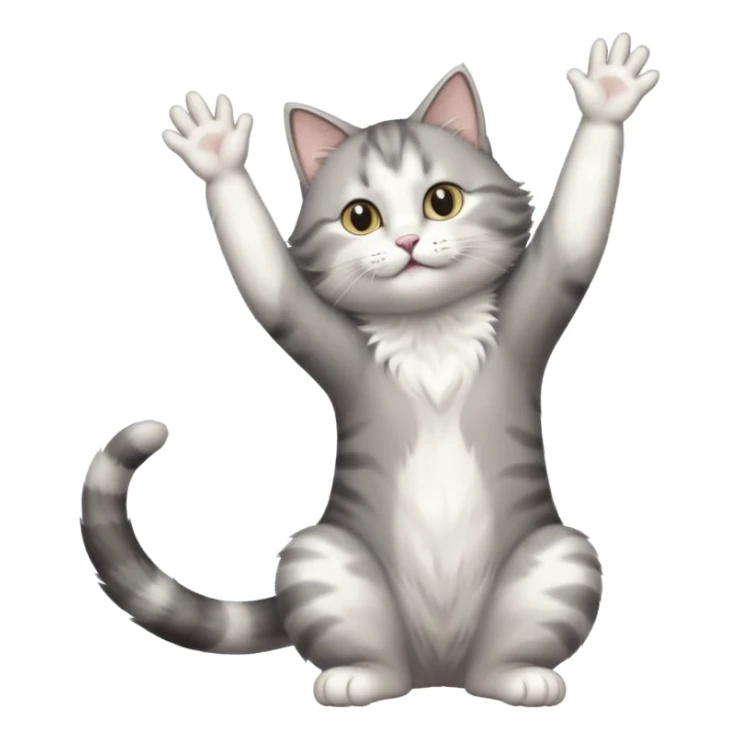 grey and white cat doing a big long stretch reaching up into the air with arms and legs side by side together sticker