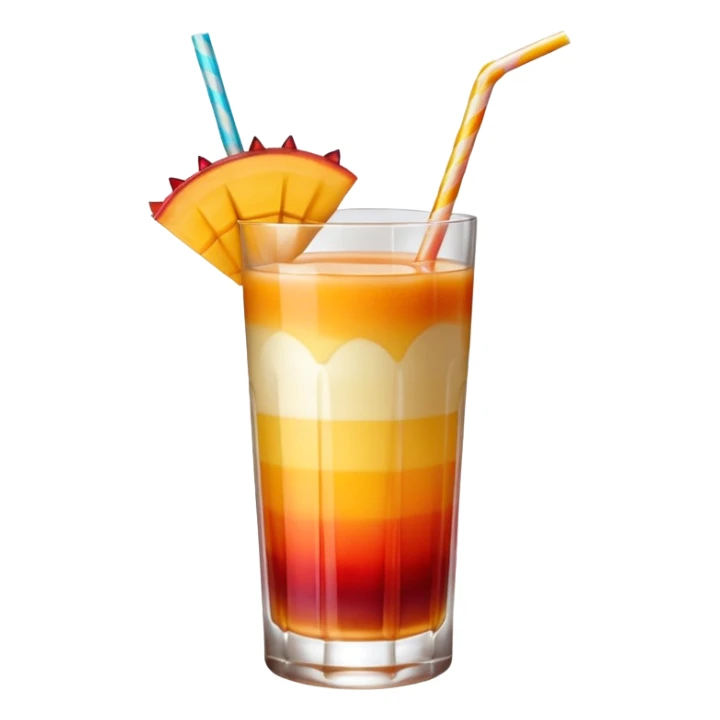 A beautiful cocktail with a gradient from red to orange, topped with mango pudding and lined with a striped straw. sticker