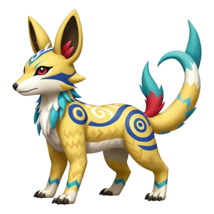 Tropical Tiny Marked Patterned Tribal WereGarurumon-Linoone-Meloetta-Renamon-Zangoose-fusion-hybrid-creature (full body) sticker