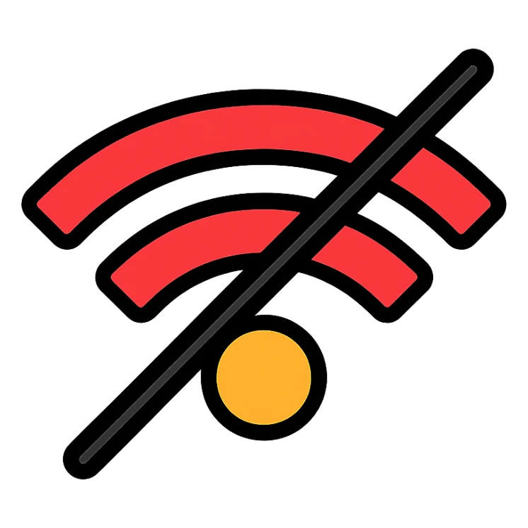 minimalist Wi-Fi symbol with a slash, incomplete bars, bright red, flat design, white background sticker