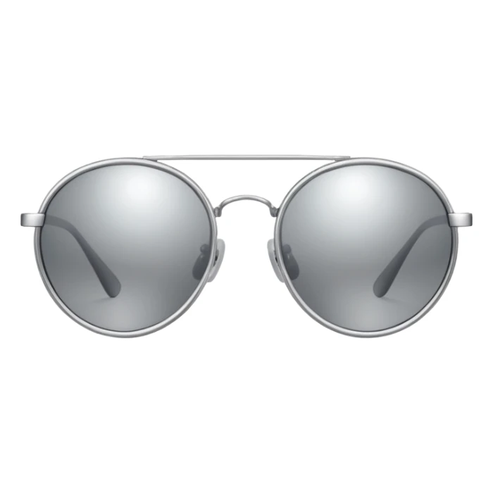 A pair of luxury sunglasses emoji with silver chrome frame, smooth rounded lenses, reflective metallic surface, high-end swag aesthetic, minimal and clean design, iOS emoji style, centered, white background sticker