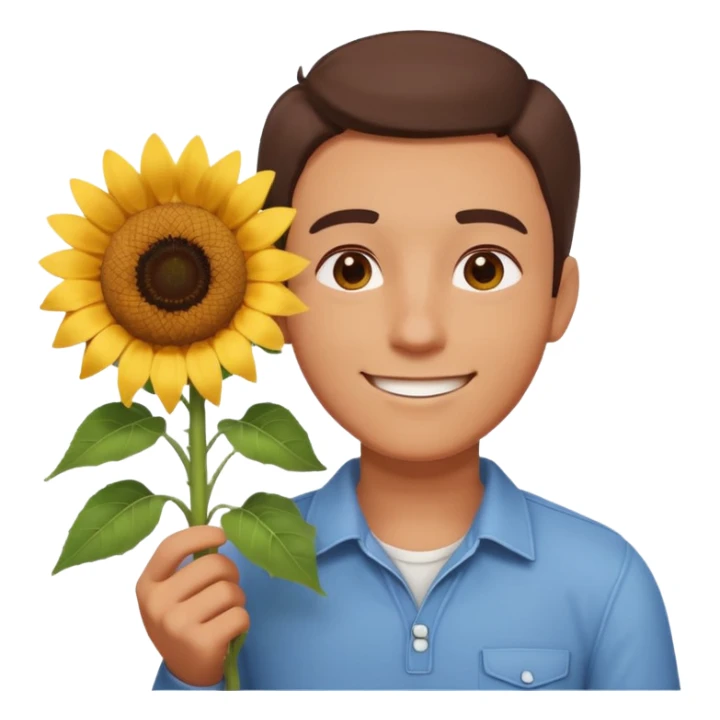 man holding a sunflower portrait, head and shoulders only, gentle smile, sunflower visible in hand, warm positive vibe, 3D cartoon style, mobile game icon style, clean background, no text, no watermark
 sticker