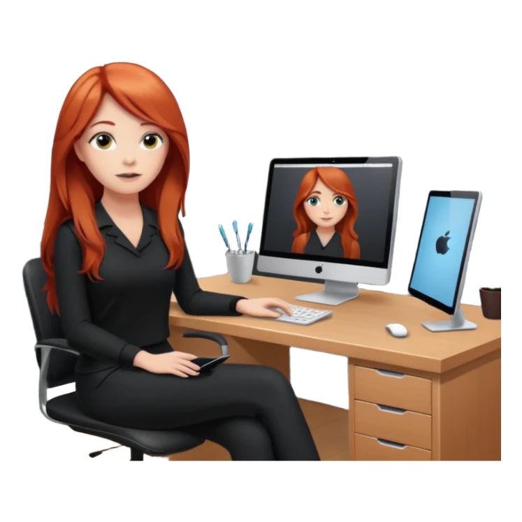Video call therapy session: red-haired therapist with long hair wearing black minimalist clothing, seated in a professional home office, looking at the webcam; calm, modern teletherapy setting sticker