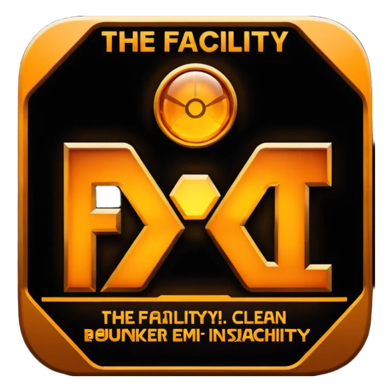 glowing amber industrial emblem above bold text reading “THE FACILITY”, dark background, clean typography, sci-fi bunker aesthetic, high contrast, sticker