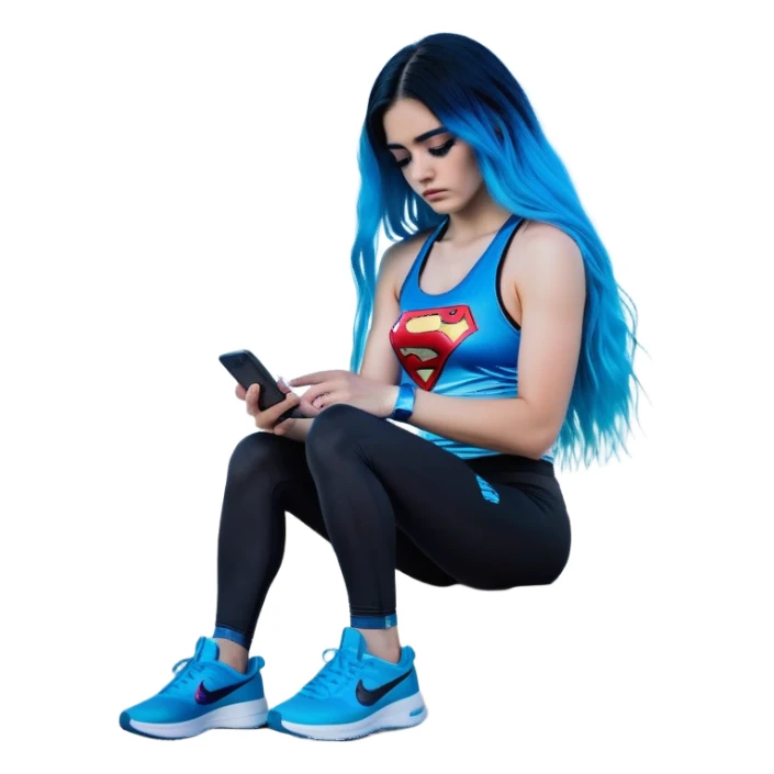 Shameful disappointed crying-very very very very big chest-texting on a samsung cell phone-very long straight flowing black to sky blue hair ombre-blue eyes-black eyeliner-long eyelashes-iridescent sparkling sky blue very low cut tank top with sparkling superman logo-black leggings-nike sneakers sticker