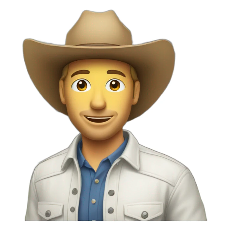 white man with cowboy hat next to a home  sticker