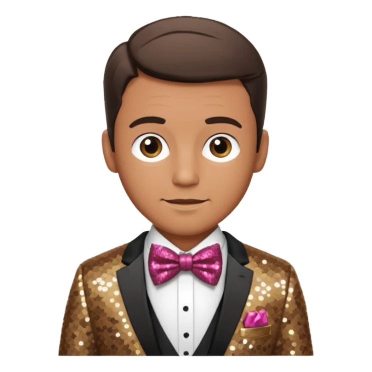 Neil Fanning, Australia Actor (b.1967) with brown sequin suit with bow tie sticker