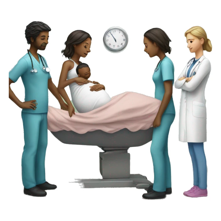 a woman gives birth and doctors stand nearby sticker