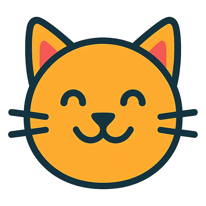 smiling cat face, black outline, clear and cute sticker