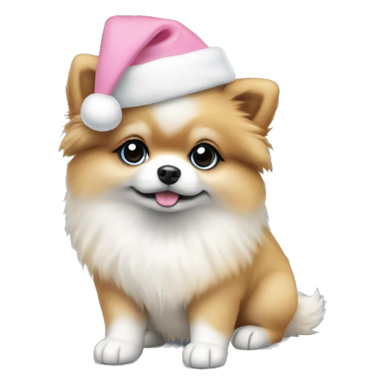 pomeranian puppy full body light blue eyes pink christmas hat on sticker