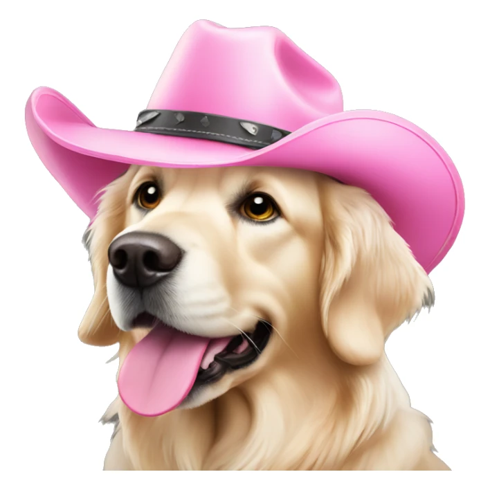 White golden retriever wearing pink cowboy hat sticker