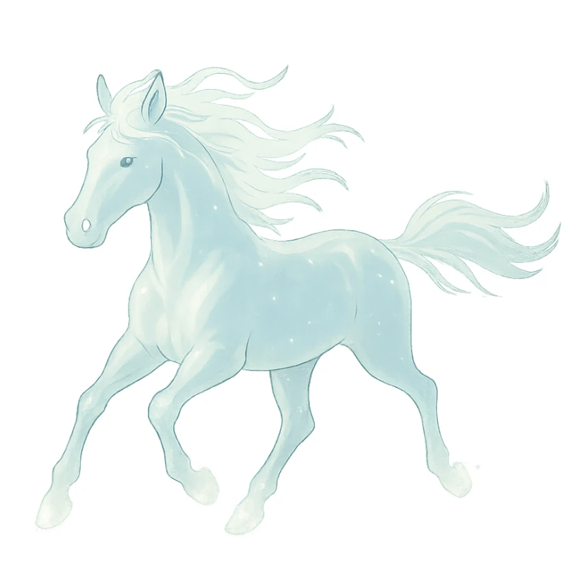 silver spirit horse running, glowing ethereal, mystical, magical, in ghibli style sticker