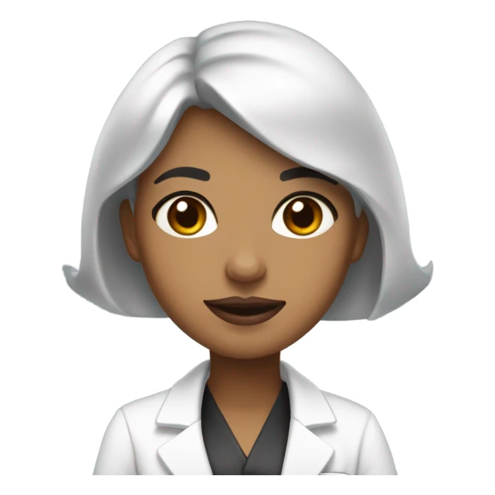 Woman emoji with a short black curled bob parted in the middle. She has a few little moles on her face and light tan skin. she has a lab coat on. she has glossy pink lips and big brown eyes.  sticker