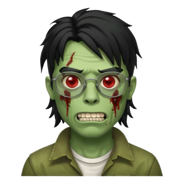 homem zumbi de óculos mullet piercing na boca piercing nas duas sobrancelhas duas orelhas giradas trágus esquerdo furado cabelo preto com muita olheira deixar pele dele verde dentes brancos e olhos vermelhos e ensanguentados sticker