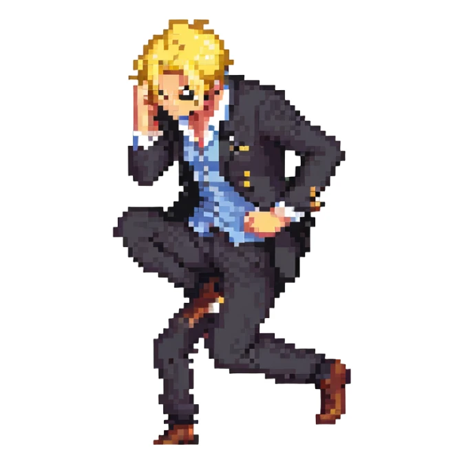 Sanji from One Piece, pixel art style, angry, curly eyebrow, blond hair, black suit, side view, kicking pose sticker