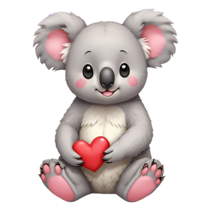 An anime-style koala sitting upright with a derpy, confused expression on its face. Its big round eyes are slightly crossed, giving it a spaced-out, clueless look. Its mouth is slightly open with a little string of drool dripping from the corner. The koala’s ears are fluffy and oversized, flopping a bit to the sides. Its head is slightly tilted as if it just forgot what it was doing. It's holding a small, bright red heart with both paws, but it's gripping it awkwardly, like it doesn’t really know why it’s holding it. The overall vibe is super goofy and adorable – a mix of innocent confusion and cartoonish charm. The background could be simple or dreamy, maybe with soft pastel colors or floating question marks around its head to add to the derpy atmosphere. sticker