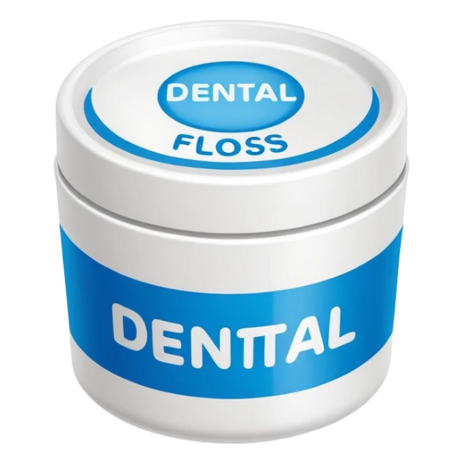 A small round plastic container with the phrase  "dental floss" on it sticker