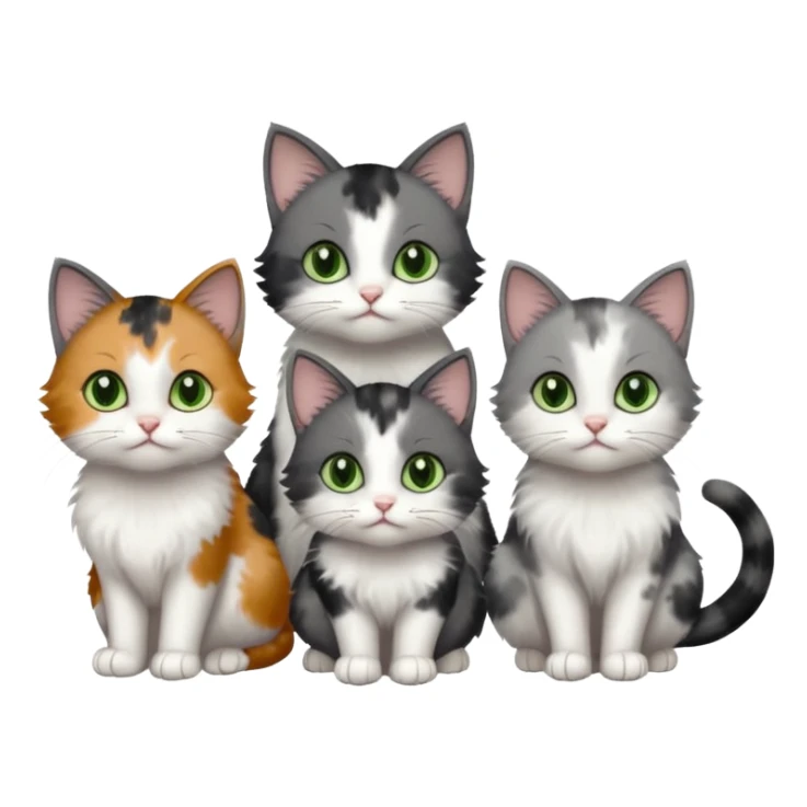 3 different coloured small cats including a dark grey and white, and a patchy calico with hazel eyes and a completely solid dark grey with green eyes and only white paws sticker