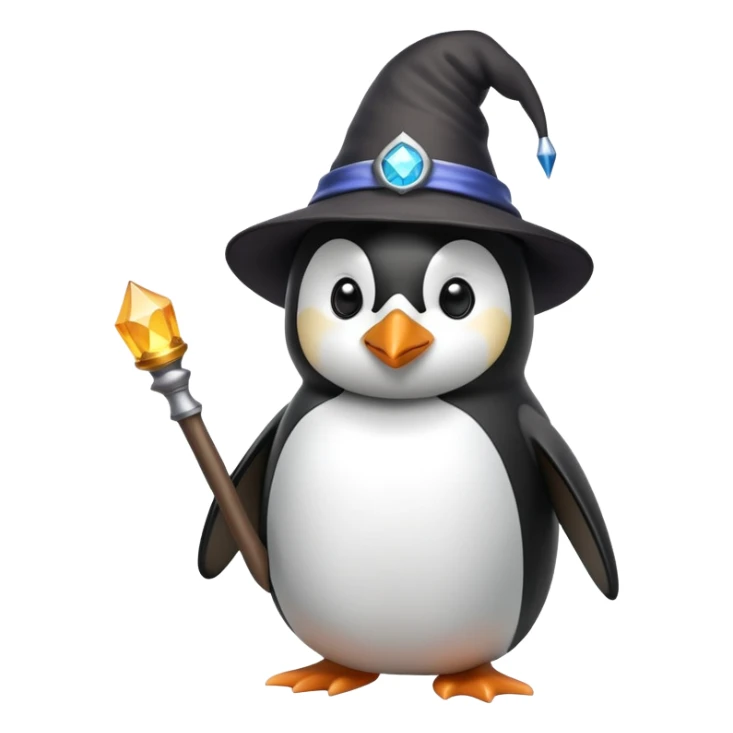 Penguin wearing a wizard hat and holding a magic wand sticker