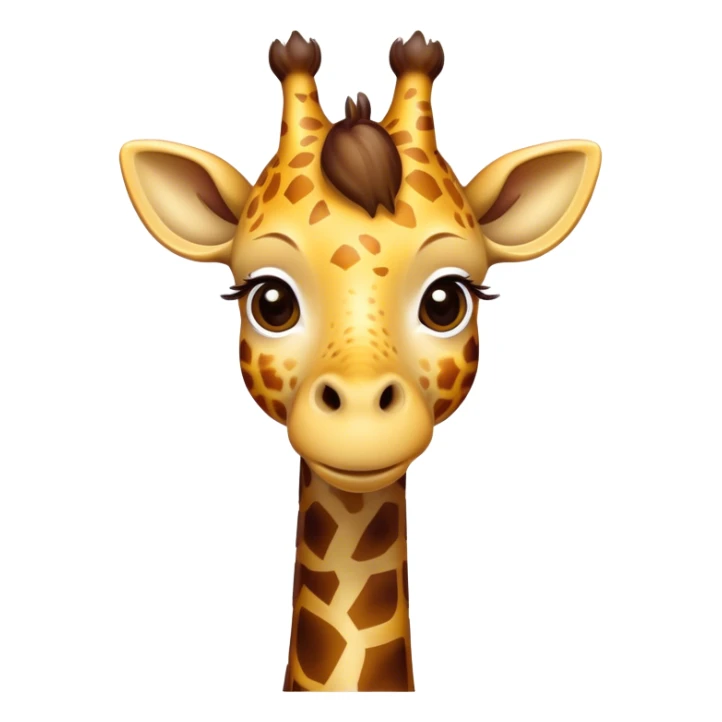 Cinematic Cute Giraffe Portrait Emoji, Head tilted playfully and inquisitively, featuring a glossy, patterned Fur of warm yellows and browns with delicate white spots, round, sparkling eyes filled with curious wonder, Simplified yet irresistibly adorable features, highly detailed, glowing with a warm, friendly glow, high shine, affectionate and gentle, stylized with a touch of savannah whimsy, bright and endearing, soft glowing outline, capturing the essence of a mischievous yet loving giraffe, so playful it feels like it could gallop out of the screen and into your arms! sticker