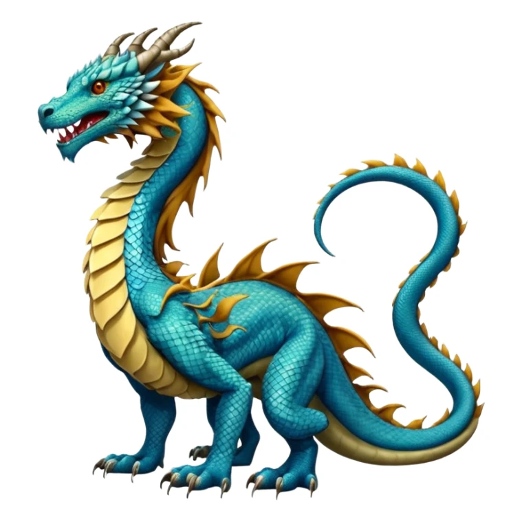 Mušḫuššu, official blueprint: long scaled dragon-serpent body, lion forelegs with feline paws, bird-like hind legs with talons, long neck, dragon head with horn or crest, lizard tail, blue or turquoise, lion-like mane, ancient and regal but terrifying sticker