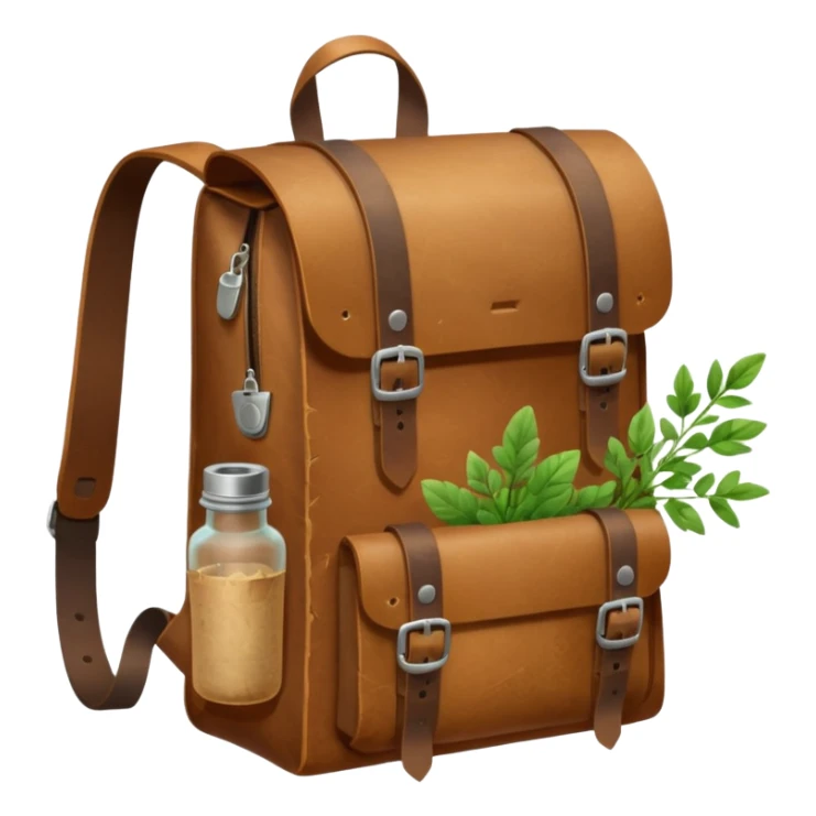 A sturdy, weathered leather backpack with metal-reinforced flaps. A rolled parchment and fresh herbs stick out from its pockets, while a small corked bottle rests at the front. It looks practical, rugged, and ready for any journey. sticker