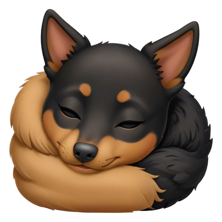 Meme-Worthy Cute Sleeping Black and Tan Kelpie Portrait Emoji, Head resting peacefully with a contented smile, showcasing a delightfully agile build and a luxuriously soft black and tan Fur, eyes shut in a serene nap, Simplified yet hilariously adorable features, highly detailed, glowing with a soft, drowsy light, high shine, relaxed and utterly lovable, stylized with an air of playful laziness, bright and heartwarming, soft glowing outline, capturing the essence of a comically sleepy herder, so meme-worthy it feels like it could instantly become the next viral sensation of adorable slumber! sticker