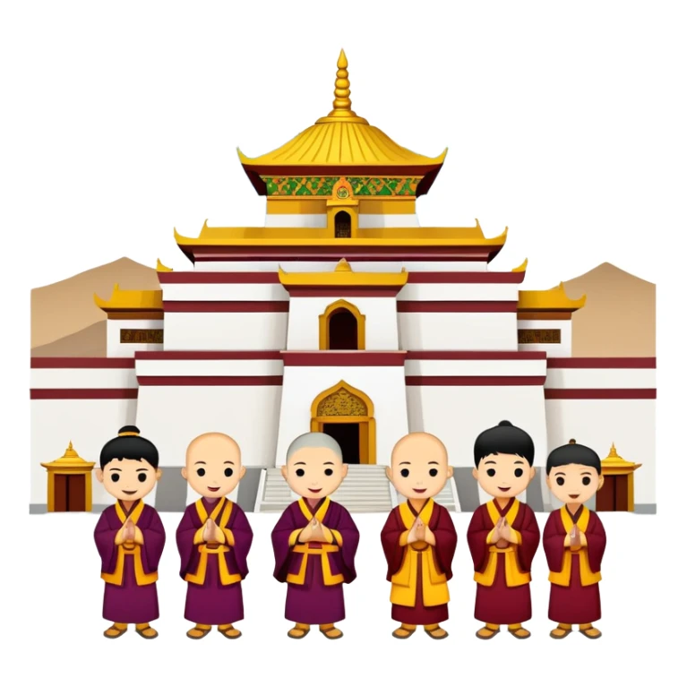Lhasa Jokhang Temple Tibet with pilgrims, simplified emoji style with bold outlines and bright colors, cartoon style golden roof temple sticker