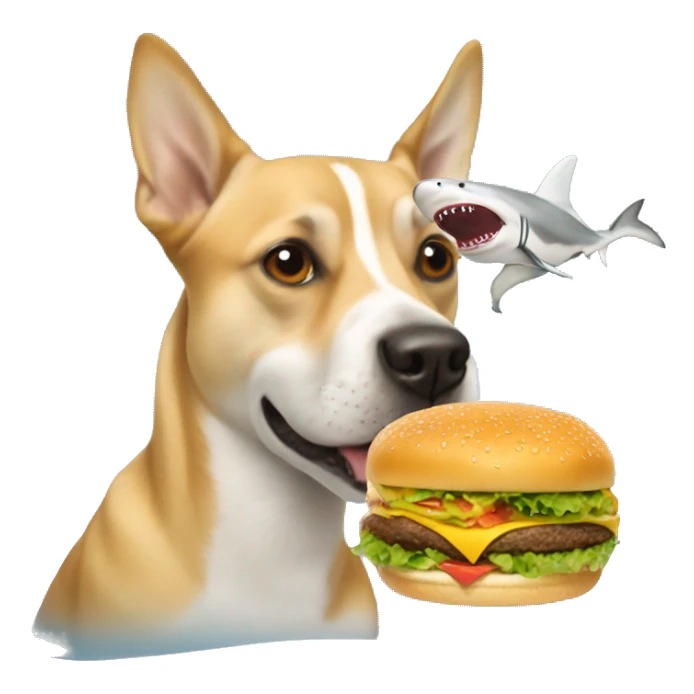 Dog eating a cheese burger with a shark sticker