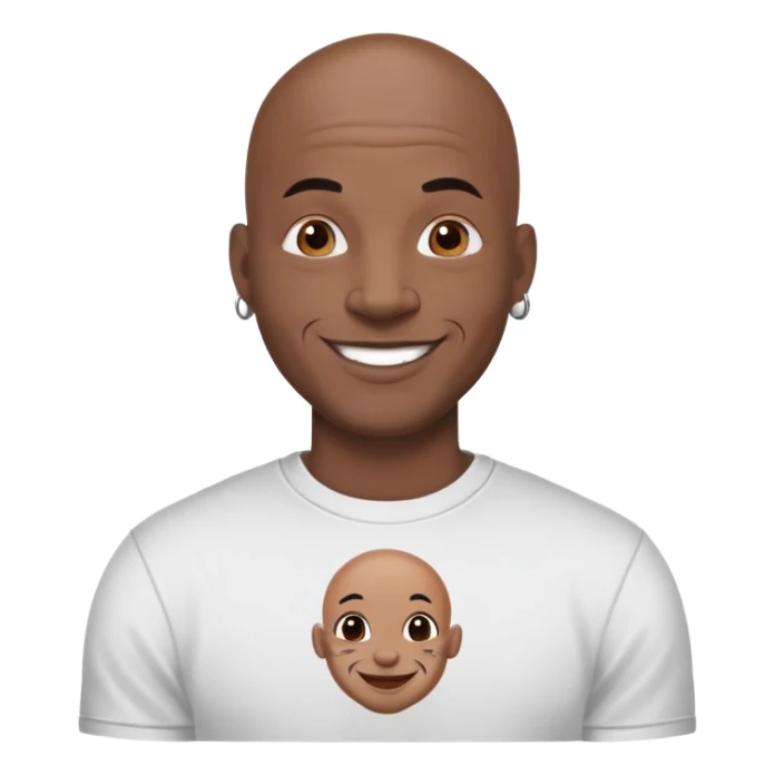bald black man with bold full face tattoos, happy face, wearing a t-shirt sticker